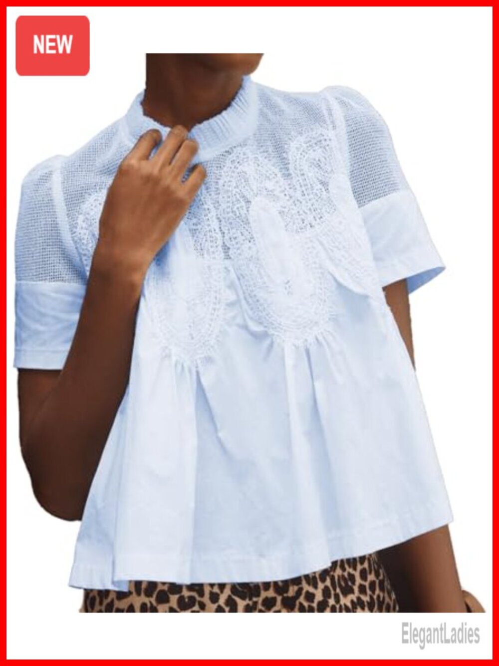 Flared Lace Detail Blouse Short Sleeve Crew Neck Poplin Mesh Swing Top